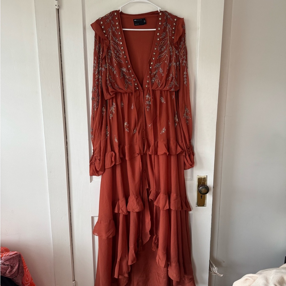 ASOS Rust Embroidered Long Sleeve Ruffle Maxi Dress - Picture 6 of 8